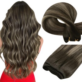 Easyouth Weft Hair Extensions Human Hair Balayage Straight Weft Extensions Real Human Hair Balayage Darkest Brown Mixed with Light Brown Sew in Human Hair Extension Full Head 18 Inch 100G