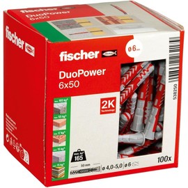 Fischer DUOPOWER 6 x 50 Universal Dowel Pack – 100 Pieces for Secure Fastening in Various Building Materials