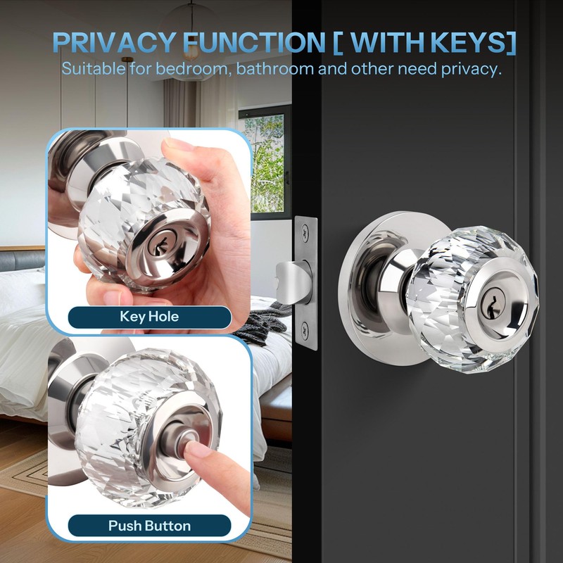 Gaurqiah Crystal Door Knobs with Lock and Keys, Interior Glass