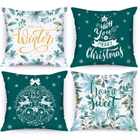 Lanpn Hello Winter Merry Christmas Cushion Covers 45x45 Set of 4, Decorative Teal Xmas Throw Covers Pillow Cases 18x18 for Home Bedroom Room Holiday Couch Decor Decorations
