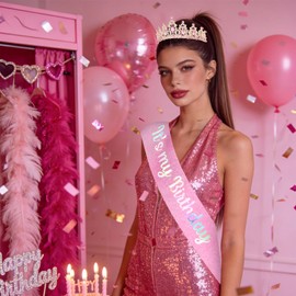 YISSION Gold Pink Rhinestone Birthday Tiara and Sash Set, "It's my Birthday" Glitter Sash with Crystal Crown for Women, Birthday Party Decorations, Photo Props & Milestone Celebration Gifts