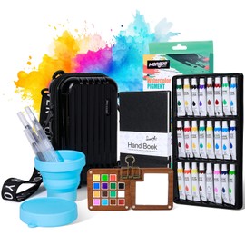 Mini Watercolor Paint Set, Portable Travel Watercolor Kit, Include Walnut Color Palette, 24-color Watercolor Paints, Refillable Brush & Sketchbook, Folding Water Cup, Water Colors Paint Set