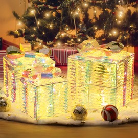 mollie Lighted Gift Boxes Set of 3, Christmas Iridescent Pre-lit White Lights Present Boxes with Bow for Home Balcony Porch, Xmas Tree Skirt Ornament