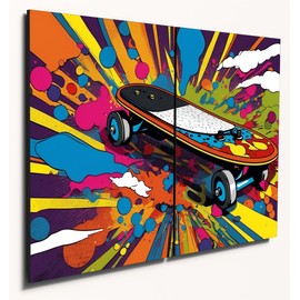 The Plum Penguin Electric Skateboard Pop Art Wood Print - Twin A4 MDF Wall Decor Set Canvas Alternative 40 x 30cm