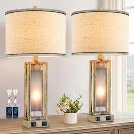 RORIANO 25" Set of 2 Farmhouse Table Lamps for Living Room with USB A+C Ports, Rustic Nightstand Lamp with White Night Light, Vintage Desk Lamp for Entryway Bedroom End Table, 4 Bulbs Included