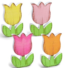 Hivovannn 4Pcs Spring Summer Tulips Signs, Colorful Flower Tiered Tray Decor Set, Table Centerpieces for Farmhouse Home Shelf, Summer Decorations