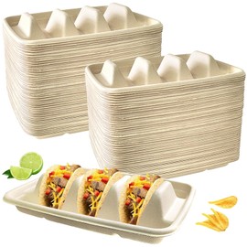Sibosen 100PCS Disposable Taco Holder for Party，Disposable Taco Plates with 3 Dividers Disposable Taco Holders for Taco Tray Holder, Pulp Fiber Plates Disposable for Taco Tuesday Lazy Susan Taco Bar