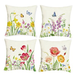 Set of 4 Cushion Covers, Flowers, Garden, 45 x 45 cm, Decorative Cushion Covers with Flowers and Butterflies, for Sofa, Bedroom, Living Room, Outdoor Suitable Decorative Cushion Covers Made of