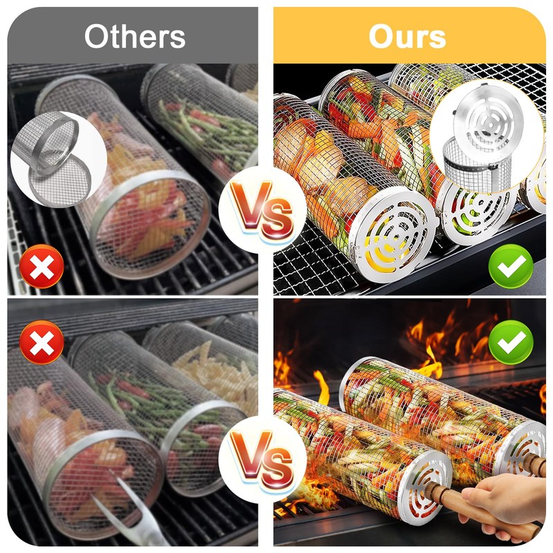 Grill Baskets (2PCS)304 Stainless Steel Removable Wooden Handle Rolling Grilling