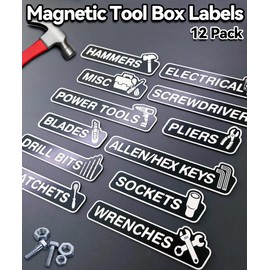 YIUS 12 Pack Aluminium Magnetic Tool Box Labels, HD Laser Printing Tool Box Labels with Strong Magnets, Reusable Metal Magnetic Labels for Steel Toolboxes, Carts, Cabinets, Gift for Him(Black)
