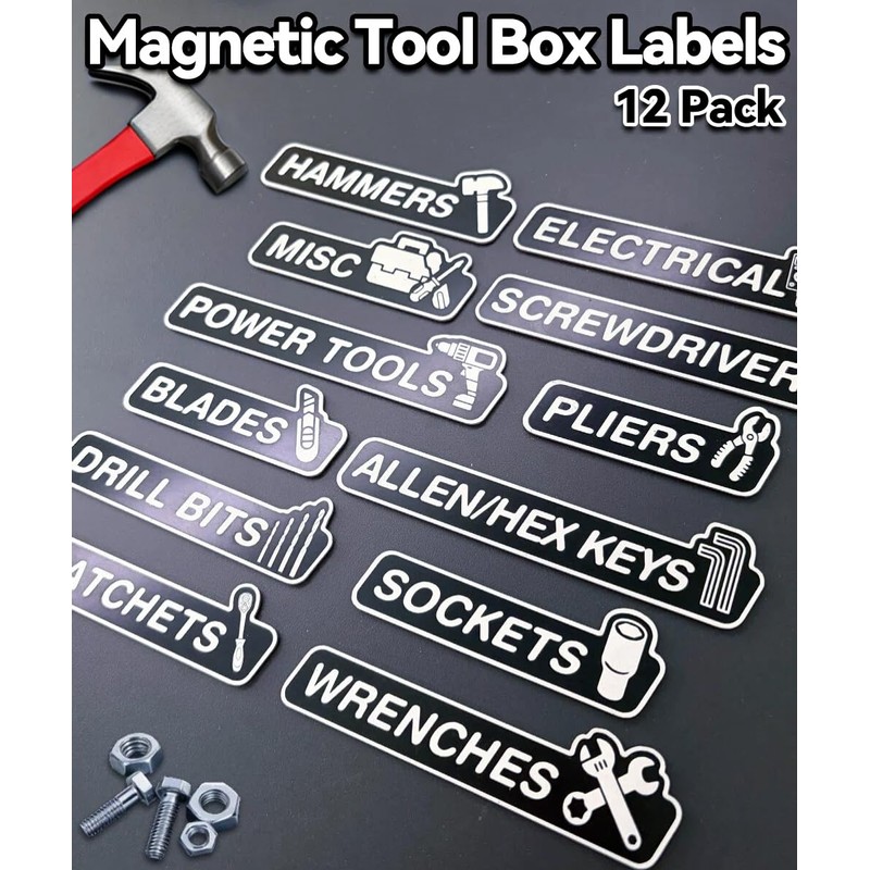 YIUS 12 Pack Aluminium Magnetic Tool Box Labels, HD Laser