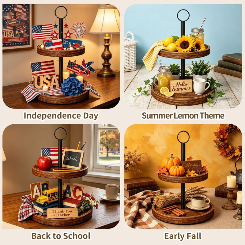 Tiered Tray Stand, Rustic 2 Tier Round Serving Tray, 1-Pack