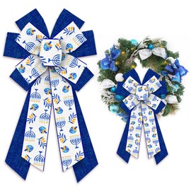 ALIBBON Large Hanukkah Bows for Wreaths, Hanukkah Wreath Bows, White Blue Bows, Menorah Dreidel Bows for Front Door, Hanukkah Decor, Chanukah Holiday Burlap Bows for Indoor Outdoor Decor