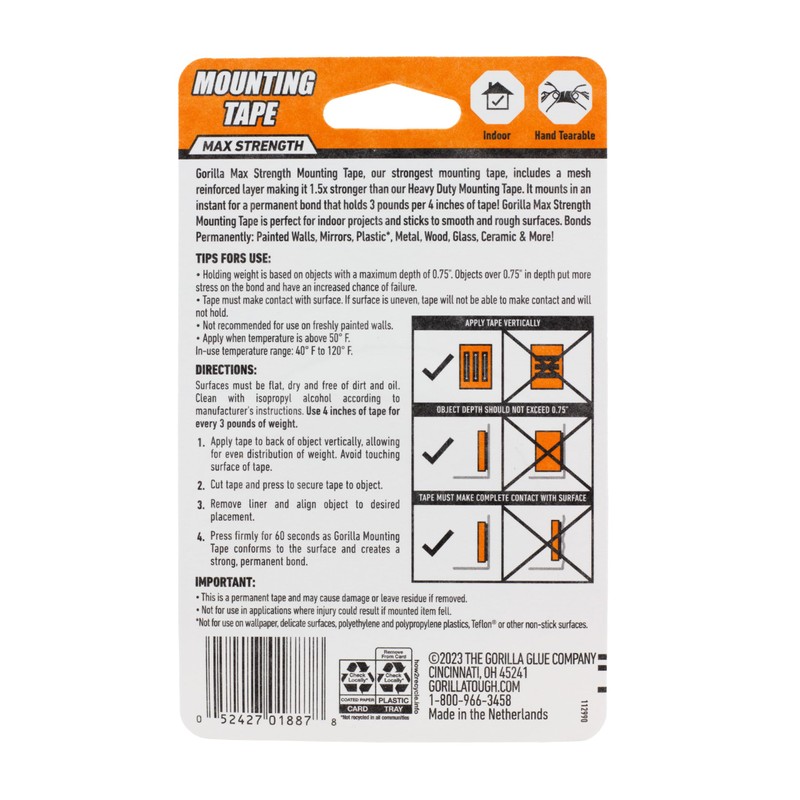 Gorilla® Max Strength Mounting Tape, Double-Sided, Instant Hold, Permanent Bond