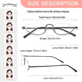KoKoBin Half Reading Glasses for Men Women,Half Moon Metal Frame Lens Spring Hinge Readers, Black+Gunmetal 1.00