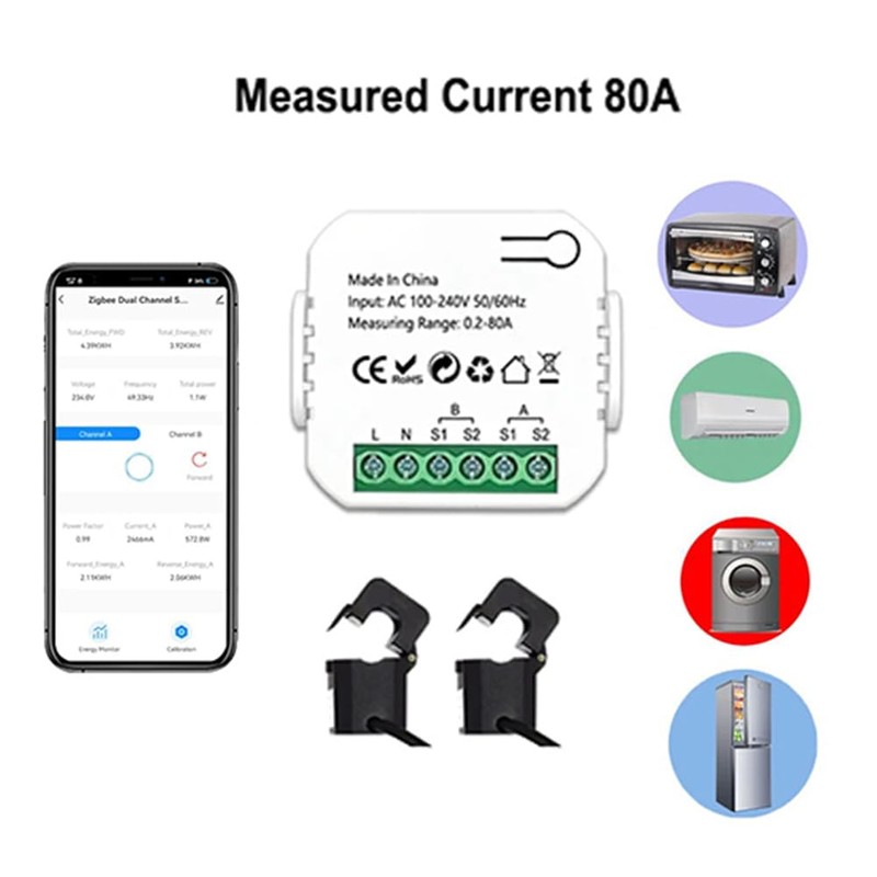 Hopbucan ZigBee Energy Meter 2-Channel Bidirectional with Current Sensor Tuya