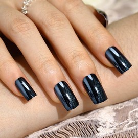 Outyua Square Mirror Fake Nails Silver Short Glossy Arylic Press on Nails Full Cover False Nail Art for Women and Girls 24pcs (Blue)