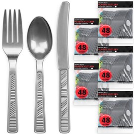 DecorRack Plastic Cutlery Set, Silver Plastic Silverware Sets for Parties, 240 Piece Bulk Heavy Duty Plastic Utensils Set (Silver, 240 Pieces)