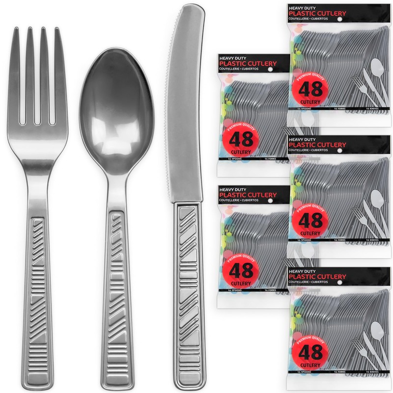 DecorRack Plastic Cutlery Set, Silver Plastic Silverware Sets for Parties,