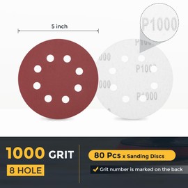 HARFINGTON 80 Pcs 5 Inch Sanding Disc 8 Hole 1000 Grit Hook and Loop Sandpaper Random Orbital Sander Pads for Woodworking Automotive Metal Polishing