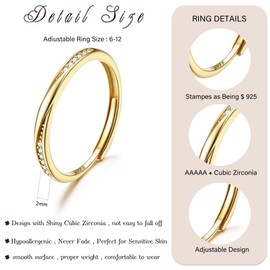 JeweBella 2 mm Sterling Silver 925 Ring Women's Adjustable Finger Ring Wedding Rings Engagement Engagement Ring Ladies Women Cubic Zirconia Promise Ring Jewellery Gifts Silver/Gold/Rose Gold, Silver