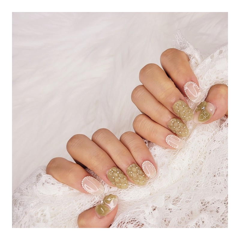 Matcha embo handmade nail tip - ballerina / 말차엠보 수제네일팁