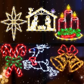 16" Christmas Window Silhouette Lights - 6 Pack Colour Lighted Bell & Candy Cane & Candle & Nativity & Bethlehem Star & Reindeer for Holiday Indoor and Outdoor Wall Door Window Decorate