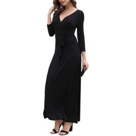 Aphratti Maxi Dresses for Women 2025 Summer Casual 3/4 Sleeve Faux Wrap V Neck Flowy Long Maxi Dresses Solid Black Medium