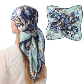 WUZININGLE 100% Mulberry Silk Head Scarf for Sleeping 35"x35" Square Silk Hair Scarf for Women Lightweight Silk Scarf Large (Charming Flowers-(Green))