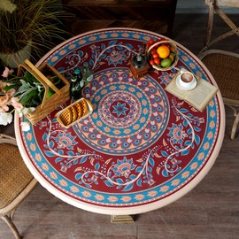Artbloss - Mantel redondo ajustable con elástico bohemio, impermeable, a prueba de oligos, protector de mesa de vinilo lavable marroquí, para el hogar, pícnic al aire última intervensión (rojo y azul