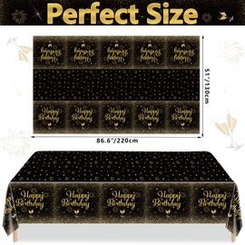 Pack of 2 Black and Gold Happy Birthday Tablecloths, 130 x 220 cm Black Gold Rectangle Tablecloth for Men Women Boys Girls Birthday Party Decorations Accessories