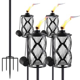 4 Pack Gray Glass Garden Torch,59-Inch Outdoor Torch Garden Décor, Upgraded 16 oz Citronella Torches with 5-Prong Grounded Stake,Metal Light Torches for Party Patio Pathway
