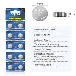 YKM 395 Watch Battery SR927SW 395/399 LR927 AG7 Silver Oxide 1.55V Batteries 10 Pack