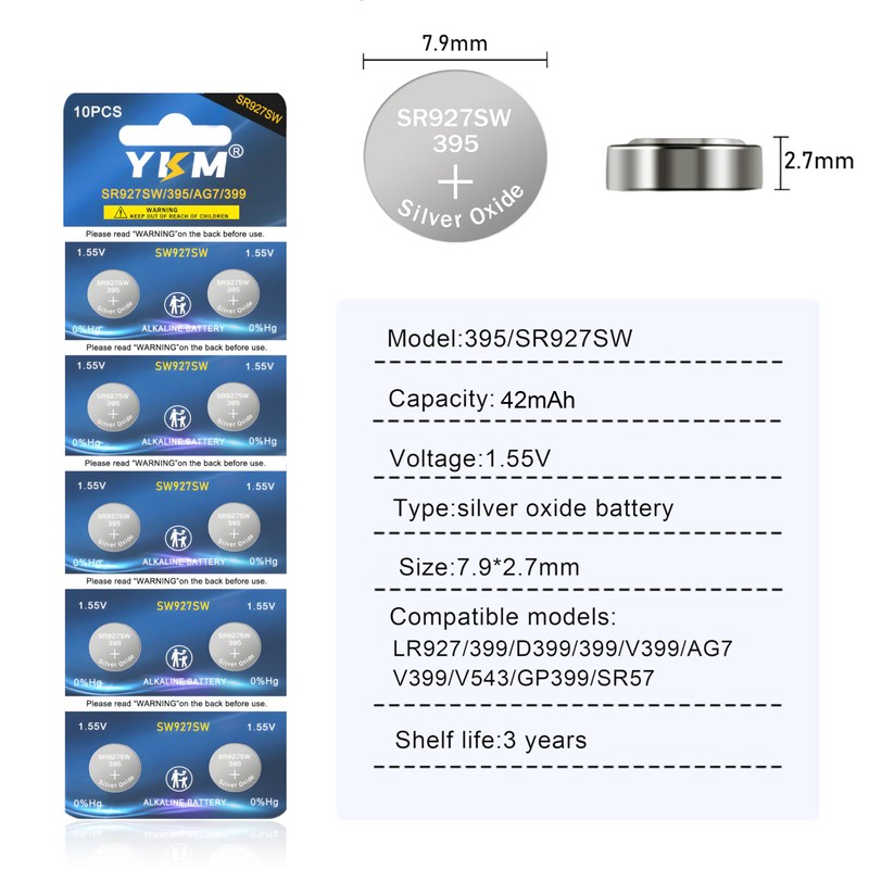 YKM 395 Watch Battery SR927SW 395/399 LR927 AG7 Silver Oxide