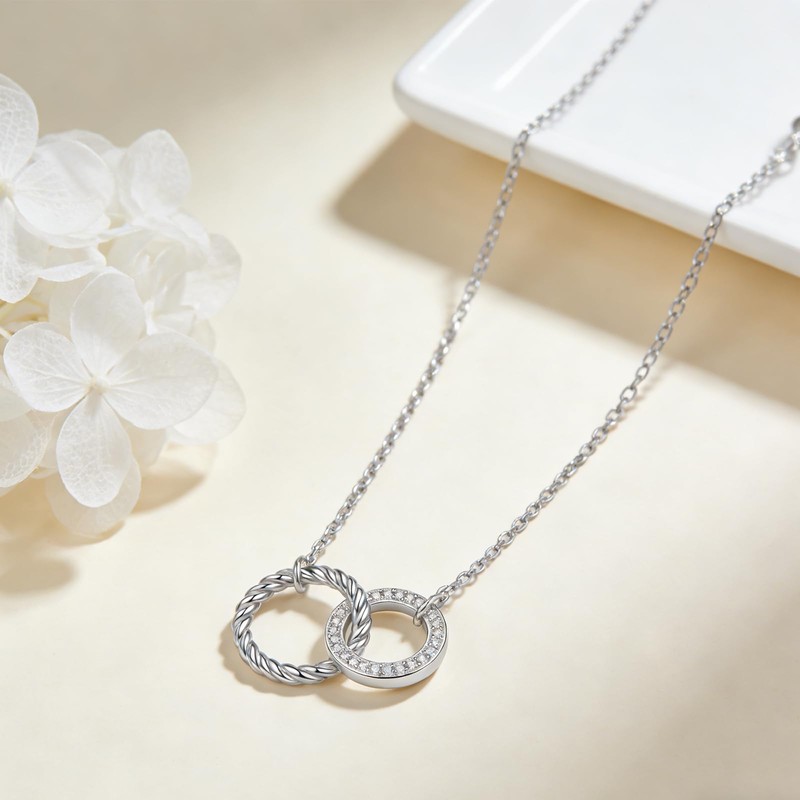 INURAN S925 Sterling Silver Two Interlocking Circles Necklace Moissanite Double