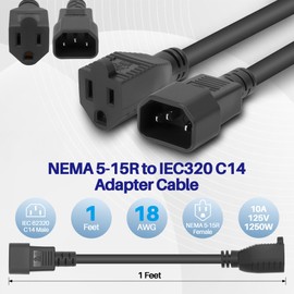 IEC 320 C14 to NEMA 5-15R Short Power Cable 12Inch/1Feet, 18AWG 10A 125V Heavy Duty IEC C14 Male to Nema 5-15R Female Standard Computer Power Converter Extension Cord for PDU, UPS, PC, Monitor-2Pack