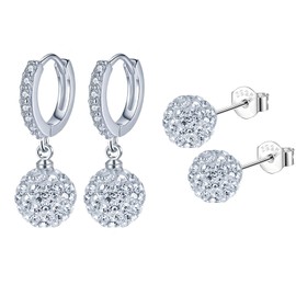 Hinvan 2 Pairs 925 Sterling Silver Earrings Hanging Drop Earrings Crystal Disco Ball Earrings Silver Stud Earrings Small Ball Hoop Earrings for Women Girls Women, small, Sterling Silver 925, Cubic