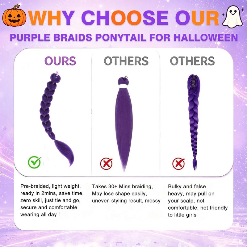 Purple Braids Ponytail 26" Pre Braided Hair for Halloween Costume