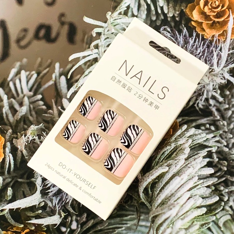 Press on Toenails Coffin with Zebra Stripes Designs, Full Cover