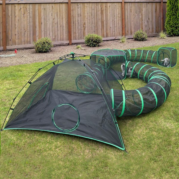Pawtenda 6-in-1 Outdoor Cat Play Tents and Tunnels - Portable Cat Enclosures and Playpen With 3 Tents and 3 Tunnels