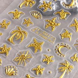 2 Sheets 5D Embossed Summer Nail Stickers for Nail Art Self-Adhesive Gold Starfish Nail Art Stickers Gold Moon Sun Sea Turtles Coconut Tree Nail Decals Beach Nail Design for Women DIY Nails Decoration