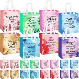 HunnmingRe 16 Pcs Christian Gift Bags with Handles Bible Verse Gift Bags Bulk Non Woven Reusable Flower Religious Baptism Totes for Women Wedding Birthday First Communion Present Wrapping
