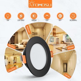 Tomosu LED Recessed Spotlight 230 V Black, 5 W IP44 Recessed Spotlight, LED Flat Bathroom, Round, Diameter 75-85 mm, Installation Depth 24 mm, 450 LM LED Spot Warm White 2700 K-3000 K for Bathroom,