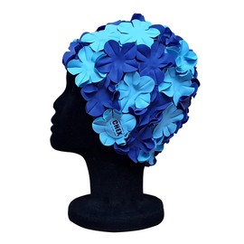 CHEX Anzio Thermal Rubber Floral Ladies Classic Retro 3D Flower Petal 2 Colour Stylish Vintage Swimming Hat Swim Cap Generous One Size Adults (Navy Blue/Light Blue)