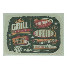 Lunarable BBQ Party Cutting Board, Grill Menu Design with Steaks Burgers Wings Sausages Ribs and Bacon Retro Effect, Decorative Tempered Glass Cutting and Serving Board, Small Size, Multicolor