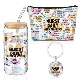 Fullhawl 3 Pcs Nurse Daily Affirmation Gifts Set for Women, Inspirational Gift for Rn Nurse New Mom First Nurse's Day Mother's Day, Daily Affirmations Makeup Bag 16oz Iced Coffee Cup and Keychain Set