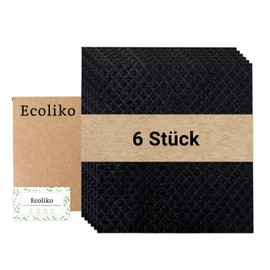 Ecoliko Black Sponge Cloths for Kitchen [Pack of 6] Made of Wood and Cotton | Sustainable Cleaning Cloths & Organic Dish Cloths without Microfibre - Washable at 60 Degrees & Lint-Free - 16 x 17 cm