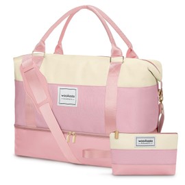WOOMADA Weekender Bag for Women, Large Carry On Bag with Shoe Compartment, Hospital Labor & Delivery Overnight Bag with Toiletry Bag(Beige&Pink)