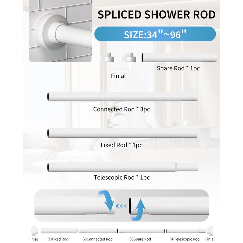 Emlaoe White Shower Curtain Rod 34-96 Inches(2.8-8ft) Adjustable Shower Rod