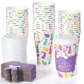 Hallswl 50Set 16oz Easter Cups with Lids and Sleeves, Disposable Paper Cup Bulk Cute Colorful Bunny Paper Drinking Cups for Easter Spring Party Decorations and Supplies